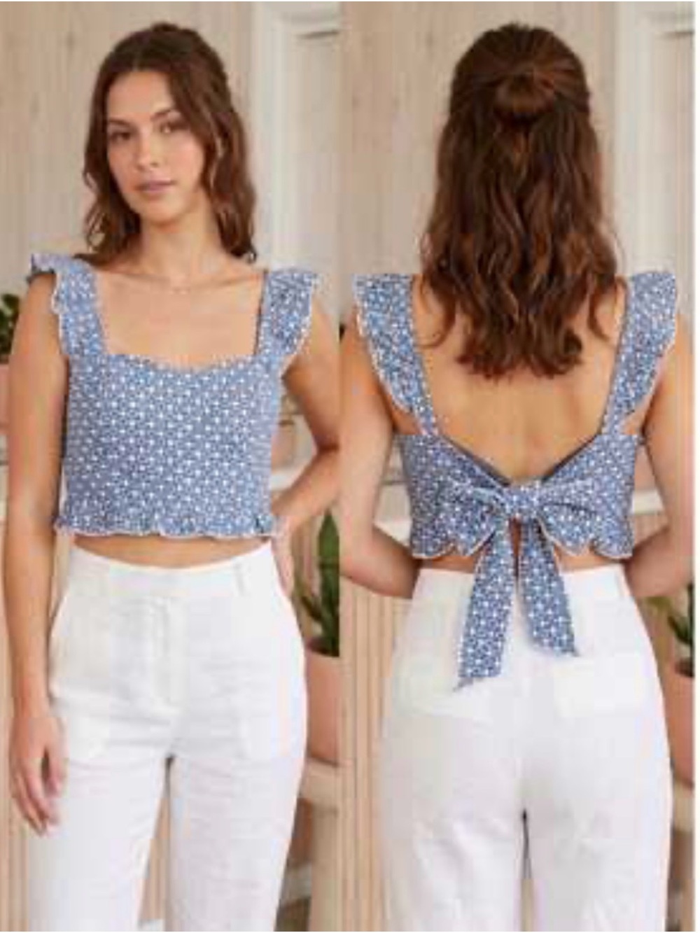 iris Blue Floral Tie-Back Crop Top with Ruffled Straps